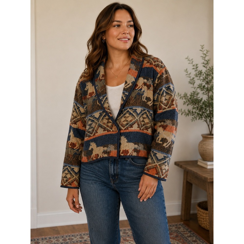 New Identity Tapestry Jacket Women Large Blue Brown Horse Southwestern Aztec
